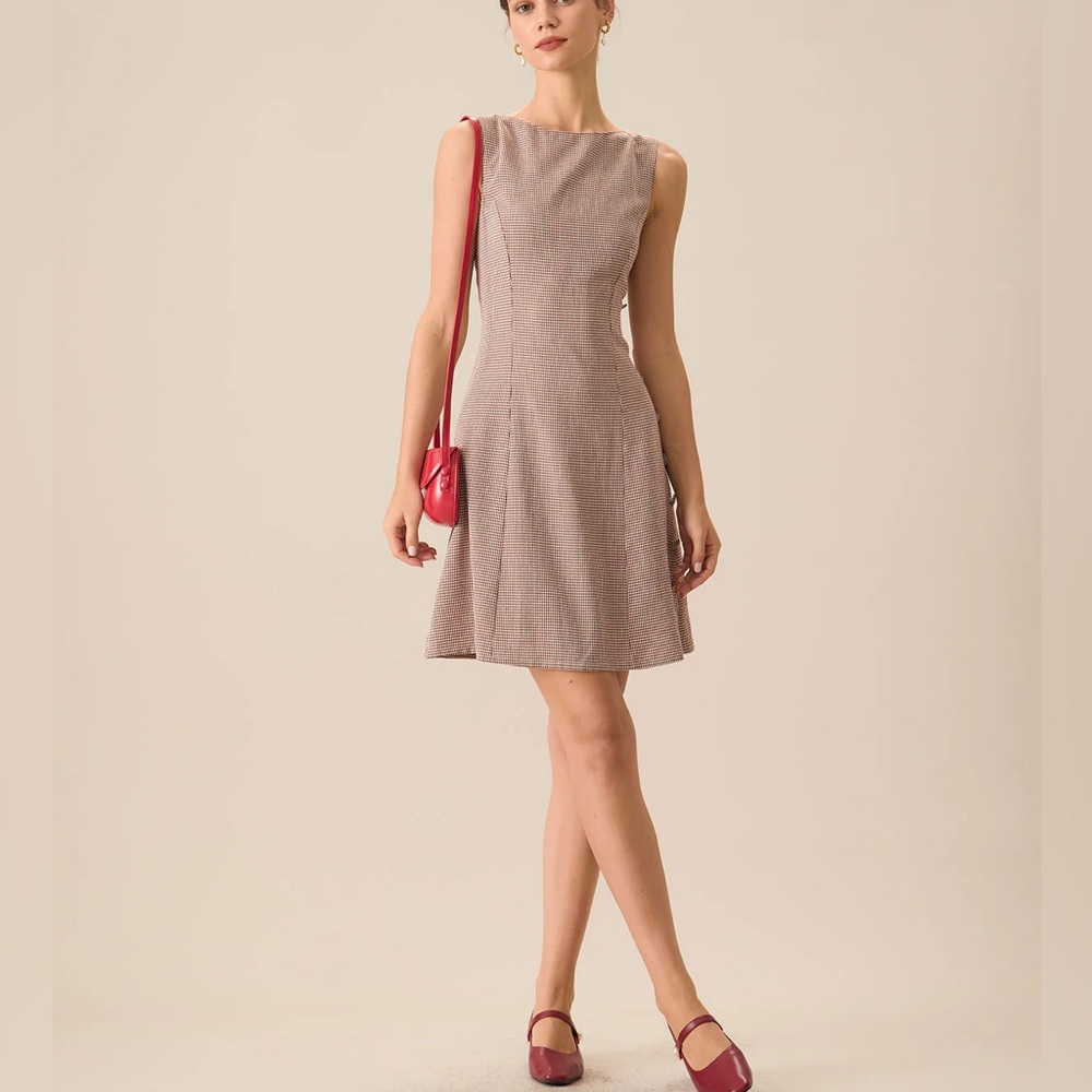 Rihoas Women's Boat Neck Brown Plaid Mini Dress - Picture 3 of 8